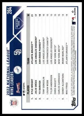 NL Wins Leaders (Kyle Wright / Julio Urías / Yu Darvish) LL 2023 Topps #284 - Baseball Card Single