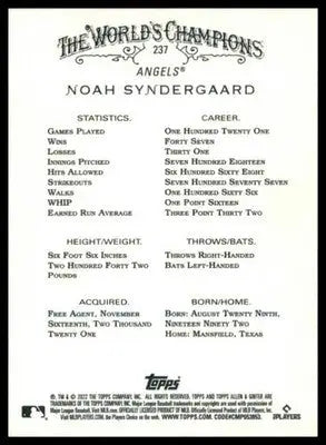 Noah Syndergaard 2022 Topps Allen & Ginter #237 Los Angeles Angels - Baseball Card Single