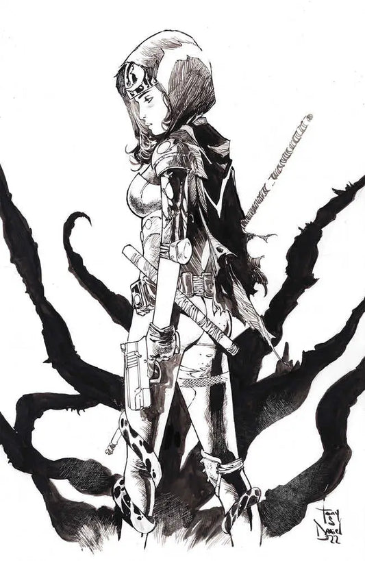 Black and white manga warrior illustration for Nocterra #13 trading cards