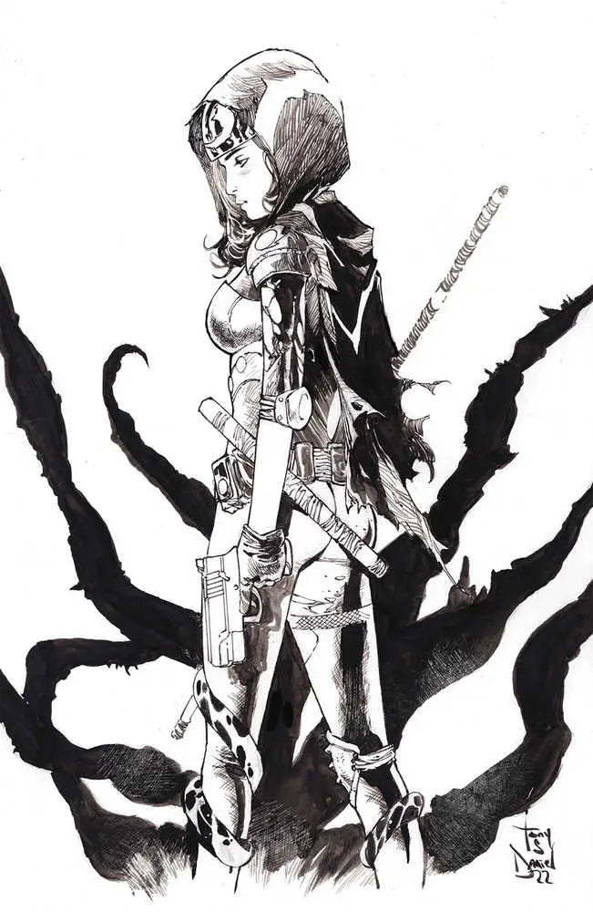 Black and white manga warrior illustration for Nocterra #13 trading cards