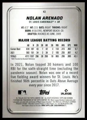 Nolan Arenado 2022 Bowman Platinum #43 St. Louis Cardinals - Baseball Card Single