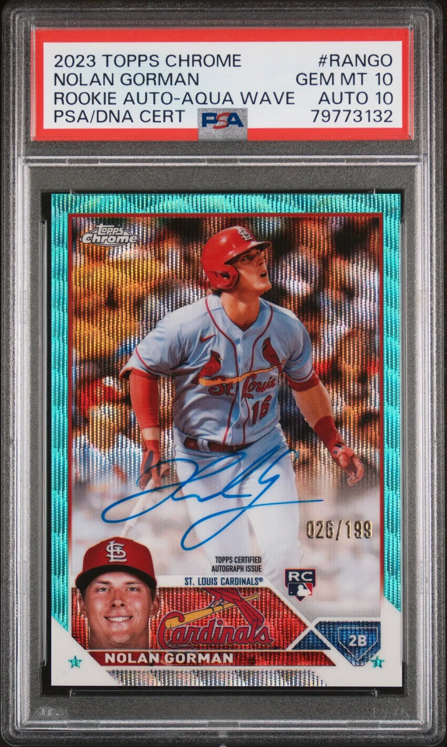Nolan Gorman 2023 Topps Chrome Aqua Wave #26/199 PSA 10 Auto 10 - Baseball Card Single
