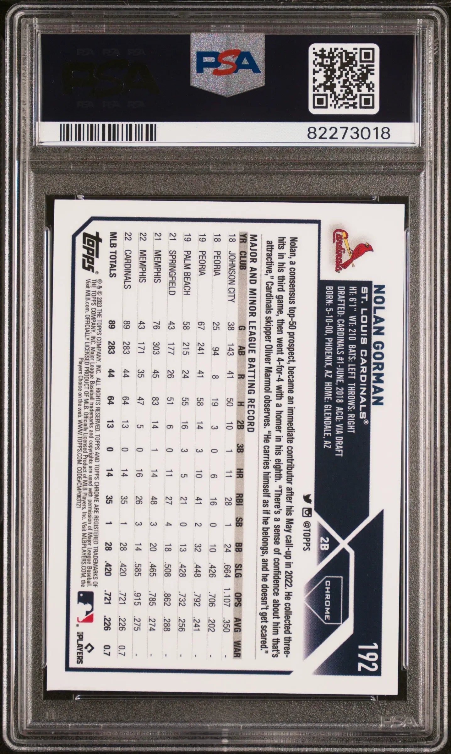 Encapsulated Nolan Gorman baseball card from Topps Chrome Orange Wave series, PSA 9