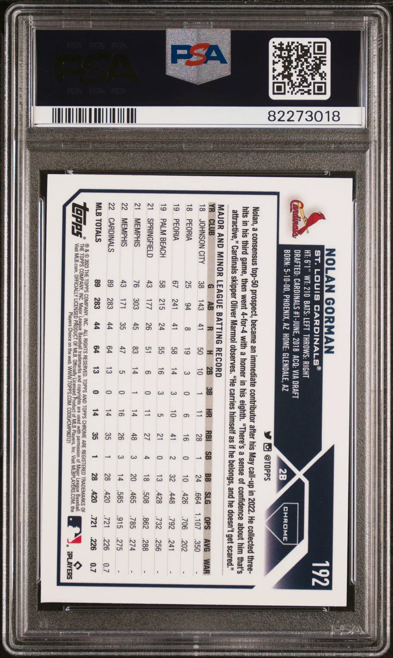 Encapsulated Nolan Gorman baseball card from Topps Chrome Orange Wave series, PSA 9