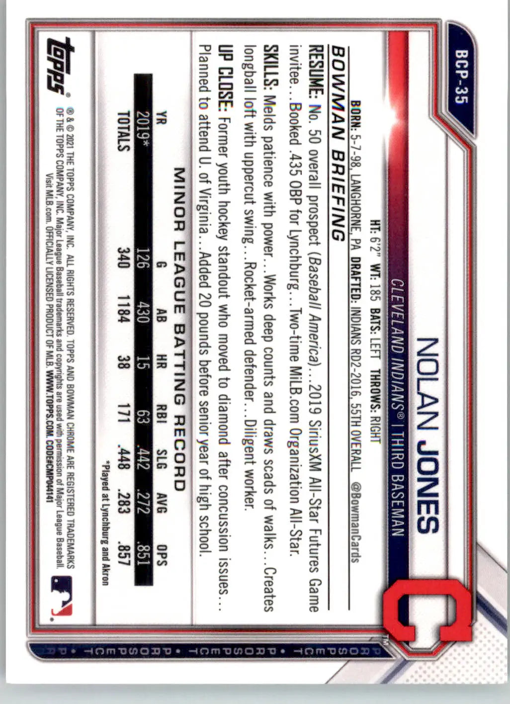 Nolan Jones - 2021 Bowman #BCP-35 Chrome Prospects Green Mini-Diamond /99