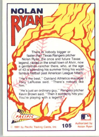 Nolan Ryan - 1991 Pacific Nolan Ryan Texas Express I - #105 - Baseball - Baseball Card Single