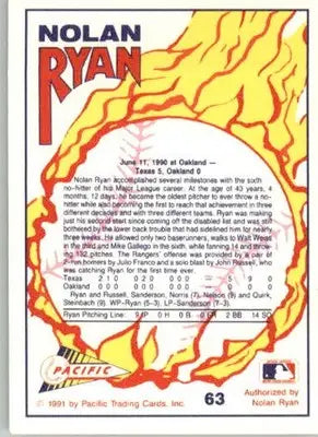 Nolan Ryan - 1991 Pacific Nolan Ryan Texas Express I - #63 - Baseball - Baseball Card Single