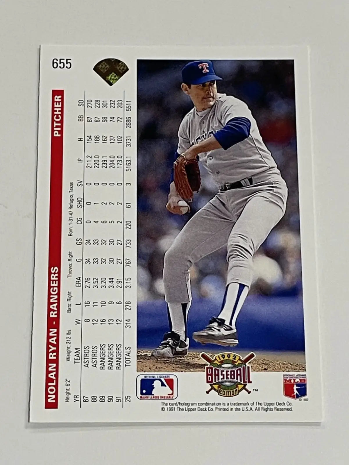 Nolan Ryan 1992 Upper Deck MLB #655 Baseball Card Texas Rangers - Baseball Card Single