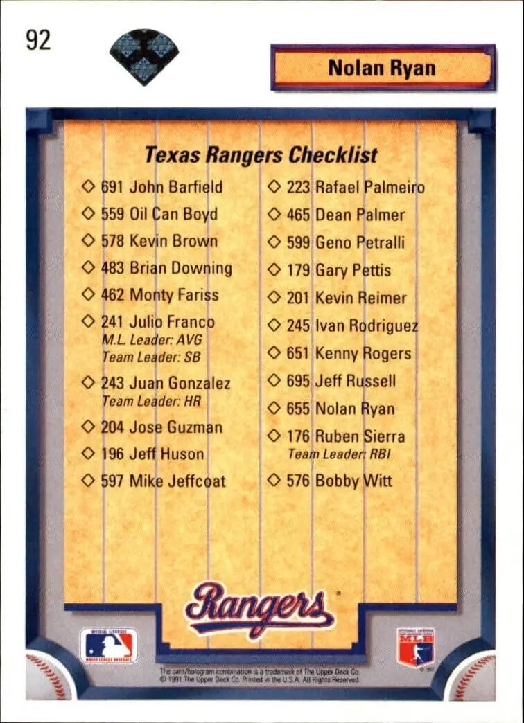 Nolan Ryan 1992 Upper Deck MLB #92 Team Checklist Baseball Card Texas Rangers - Baseball Card Single