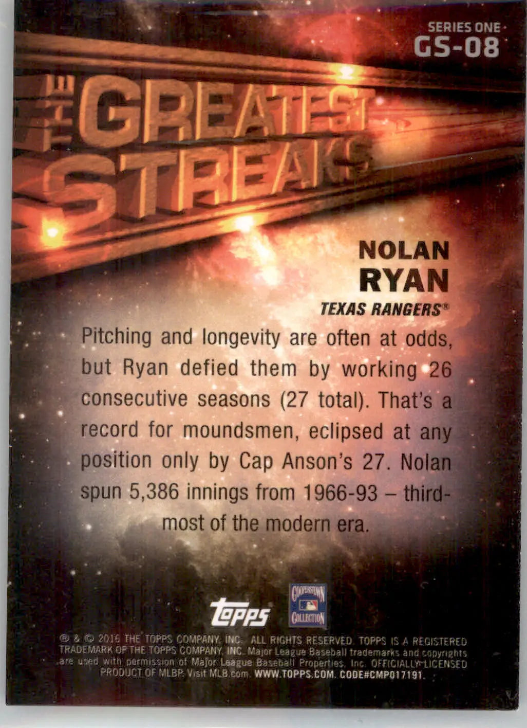 Nolan Ryan - 2016 Topps - #GS-08 - The Greatest Streaks Baseball - Baseball Card Single