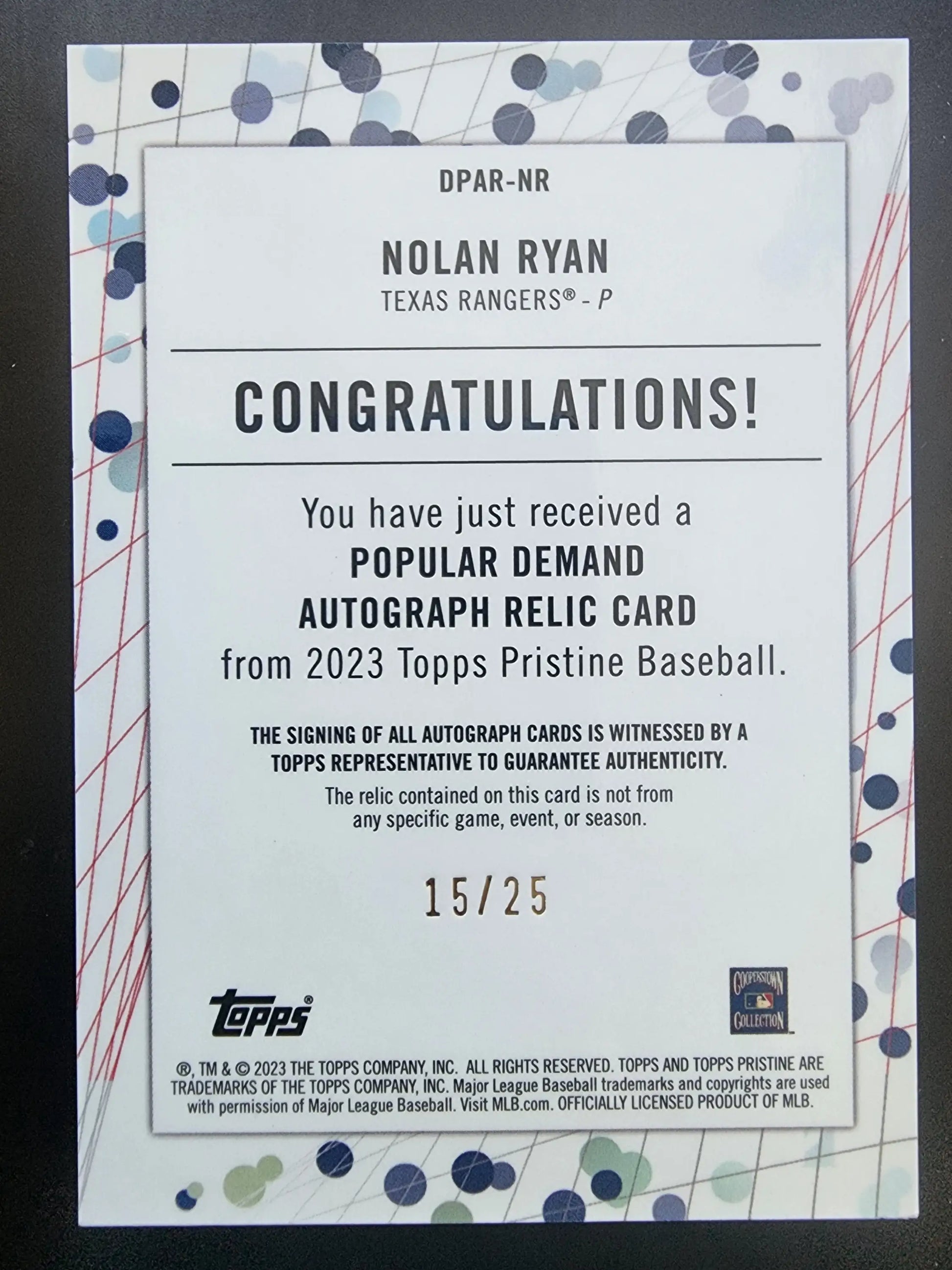 Nolan Ryan 2023 Topps Pristine Popular Demand Auto Jersey card 15/25 with autograph