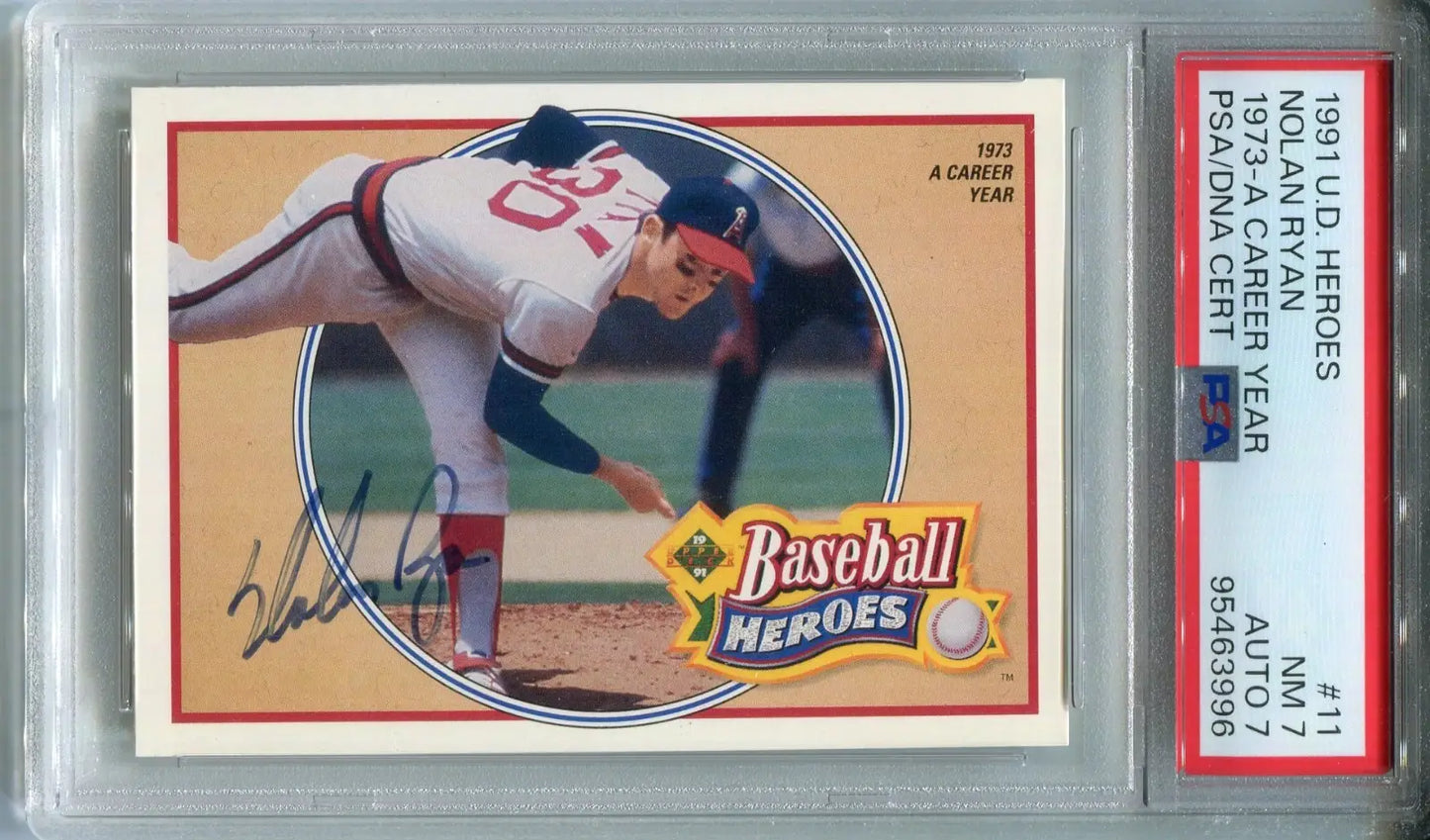 Nolan Ryan AUTO 1991 Upper Deck #11 SIGNED Baseball Heroes Angels PSA 7 DNA 7 - Baseball Card Single