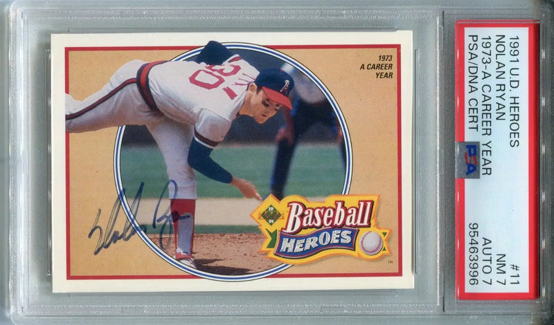 Nolan Ryan AUTO 1991 Upper Deck #11 SIGNED Baseball Heroes Angels PSA 7 DNA 7 - Baseball Card Single