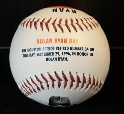 Autographed Nolan Ryan baseball commemorating Nolan Ryan Day September 29 1996 Houston Astros