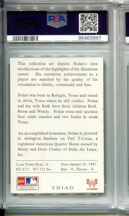Graded Nolan Ryan trading card featuring the 1993 Whataburger AUTO PSA 9 DNA 10 design