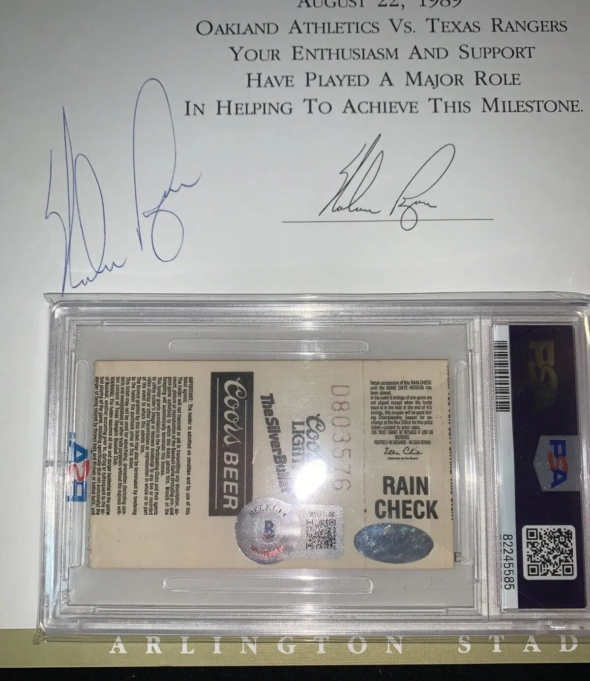 Autographed encapsulated baseball rain check ticket stub from Nolan Ryan and Rickey Henderson game
