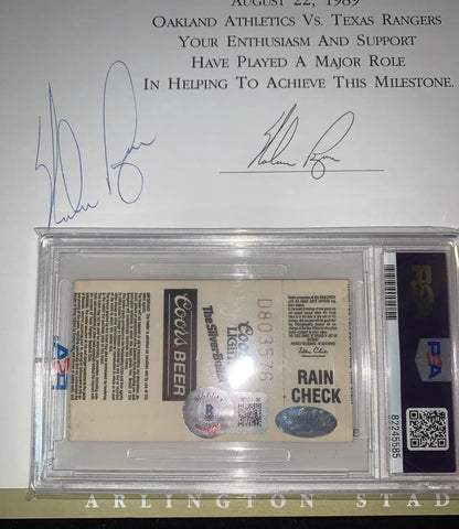 Autographed encapsulated baseball rain check ticket stub from Nolan Ryan and Rickey Henderson game