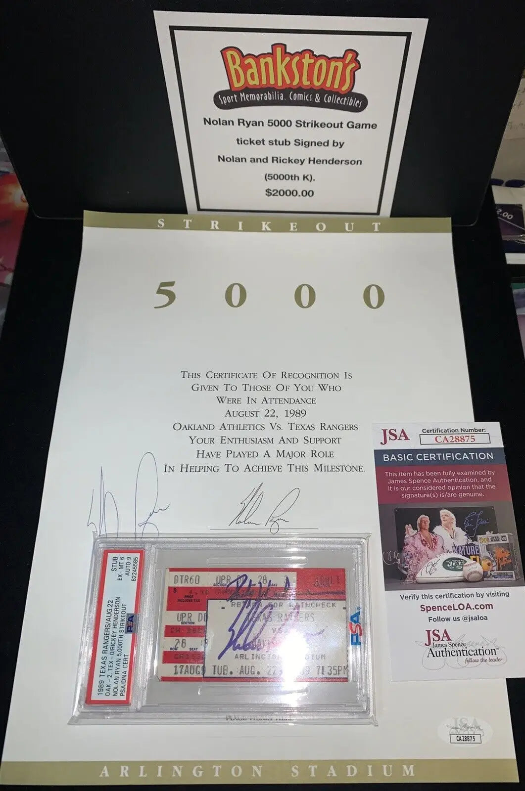 Nolan Ryan Rickey Henderson signed ticket stub and framed certificate from 5000 K’s game