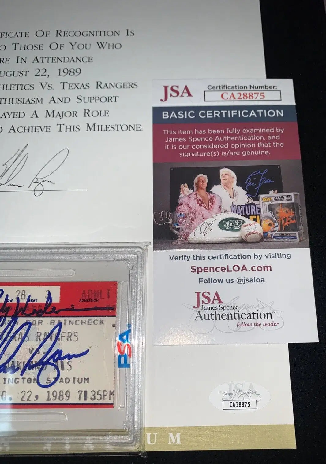 Autographed Nolan Ryan Rickey Henderson ticket stub with PSA DNA certificate of authenticity