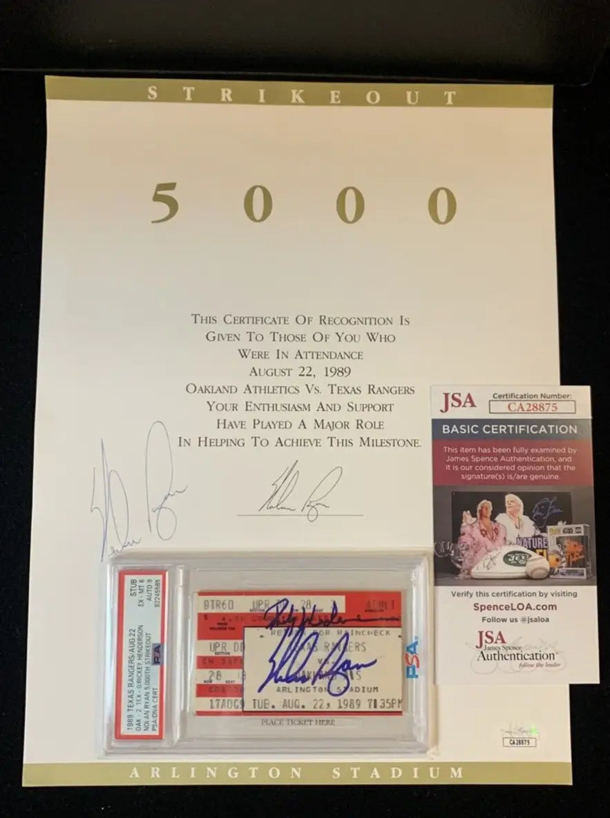 Nolan Ryan signed ticket stub with Rickey Henderson, commemorating 5000 strikeouts PSA graded