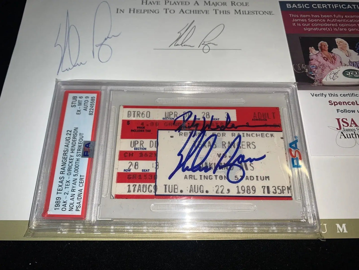 PSA-graded Nolan Ryan Rickey Henderson signed ticket stub from historic August 22, 1989 game