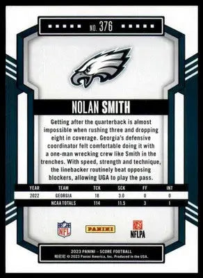 Nolan Smith Rookie 2023 Score #376 Philadelphia Eagles