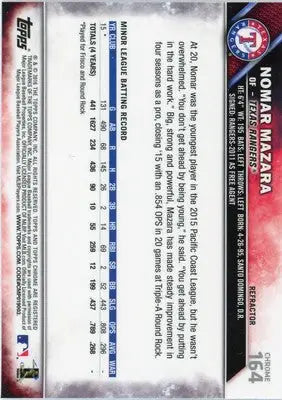 Nomar Mazara Rookie 2016 Topps Chrome Refractor #164 Texas Rangers - Baseball Card Single