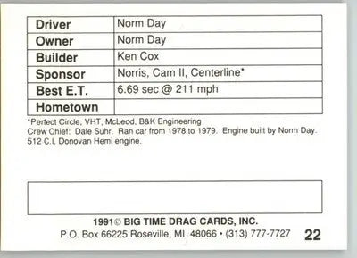 Norm Day - 1991 Big Time Drag - #22 - Racing - Racing Card Single