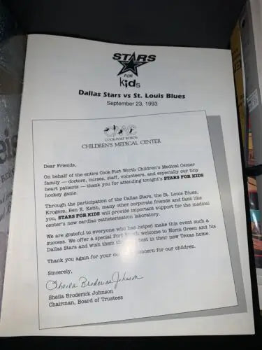 Norm Green Signed Program from Dallas Stars vs. Louis Blues Stars for Kids event