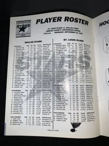 Hockey team roster from Norm Green signed Dallas Stars vs. Louis Blues program