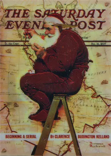 Santa Claus reading a list on a stool in Norman Rockwell Chromium Chase Card C6