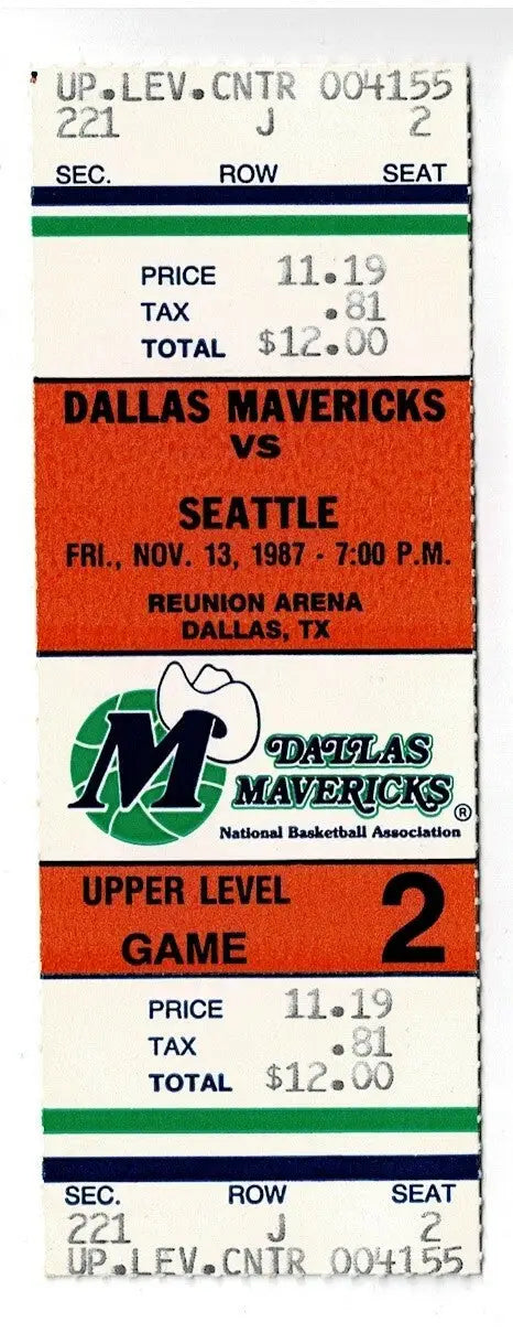 Nov 13 1987 Dallas Mavericks v Seattle Supersonics Ticket Stub NBA Reunion Arena - Other
