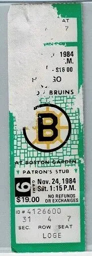 Boston Bruins hockey ticket stub from Nov 24 1984 game at Ticket Stub Garden NHL