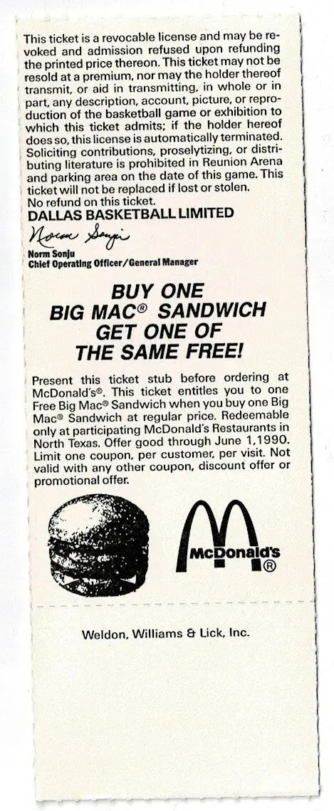 Nov 25 1989 Dallas Mavericks v Seattle Supersonics Ticket Stub NBA Shawn Kemp RC - Sports Memorabilia