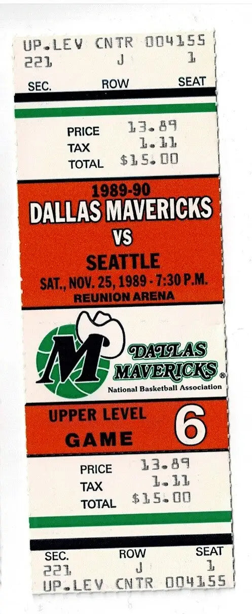 Nov 25 1989 Dallas Mavericks v Seattle Supersonics Ticket Stub NBA Shawn Kemp RC - Sports Memorabilia