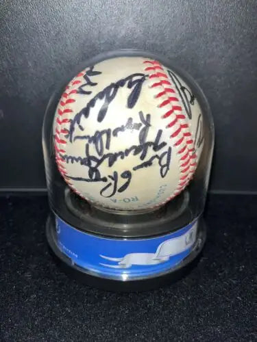Autographed NY Yankees Greats Signed Ball in display case featuring 16 legends