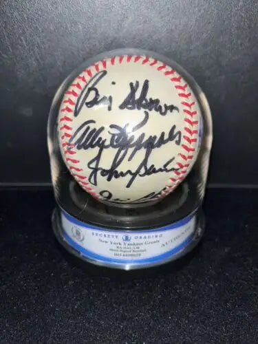 Autographed NY Yankees Greats signed baseball display case featuring 16 signatures