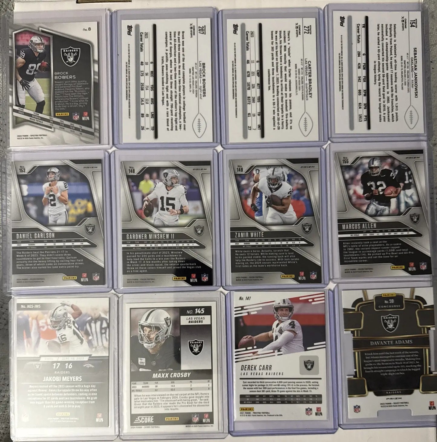 Football trading cards featuring Oakland Las Vegas Raiders rookies and inserts