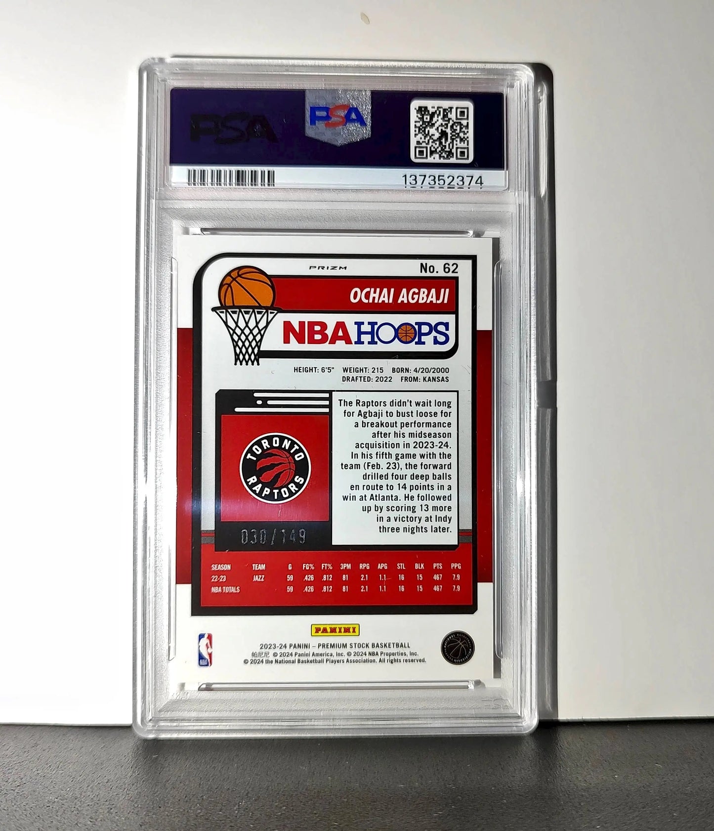 Ochai Agbaji 2023 Panini Hoops Premium #62 30/149 Red Disco Prizm PSA 10 Gem