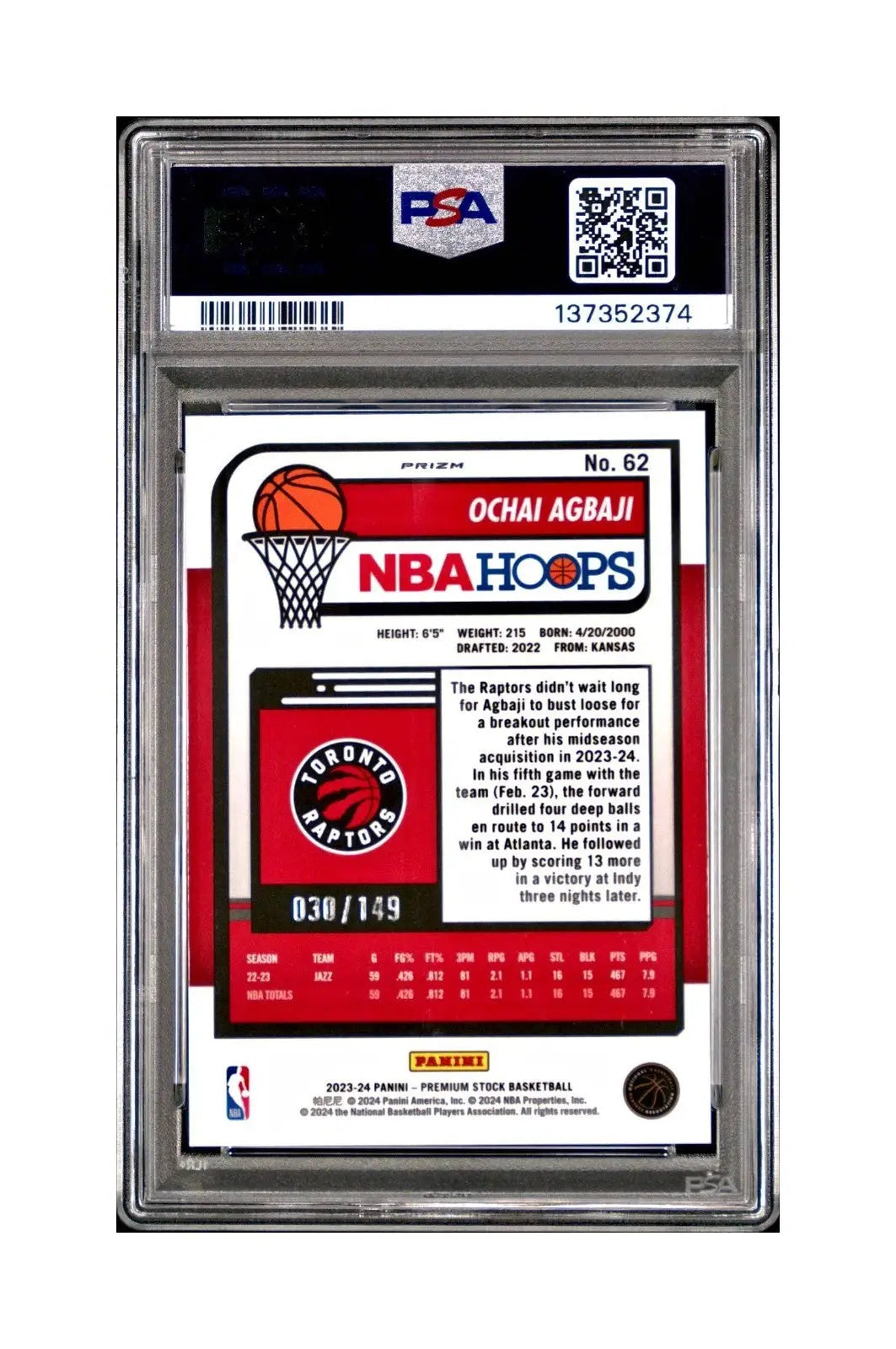 Ochai Agbaji 2023 Panini Hoops Premium #62 30/149 Red Disco Prizm PSA 10 Gem