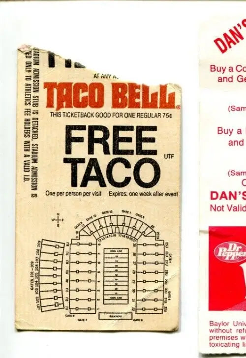 Vintage Taco Bell free taco ticket with Texas Longhorns BYU Brigham Young ticket stub