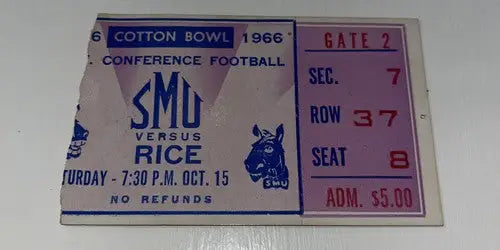 Oct 15 1966 SMU Mustangs vs Rice Owls NCAA Football Ticket Stub VG Cotton Bowl - Sports Memorabilia