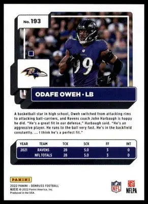 Odafe Oweh 2022 Donruss #193 Baltimore Ravens - Football Card Single