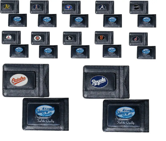 Dark-colored money clips featuring various sports team logos for baseball cards