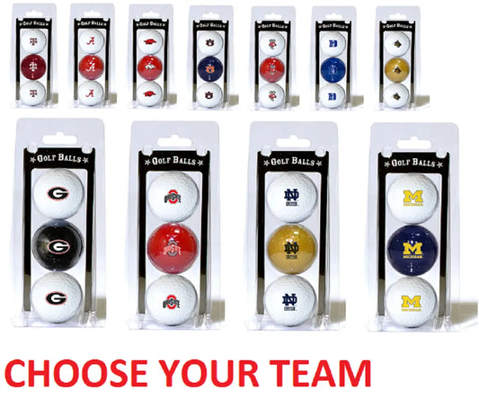Collection of NCAA golf balls featuring team logos and colors for sports fans