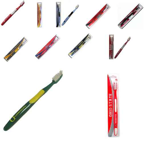 Various colorful toothbrushes and packaging for Officially Licensed NCAA Team products
