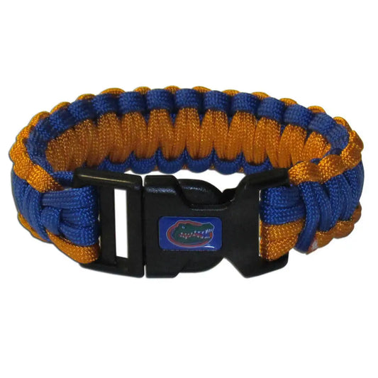 Braided paracord survival bracelet in blue and orange with Florida Gators logo