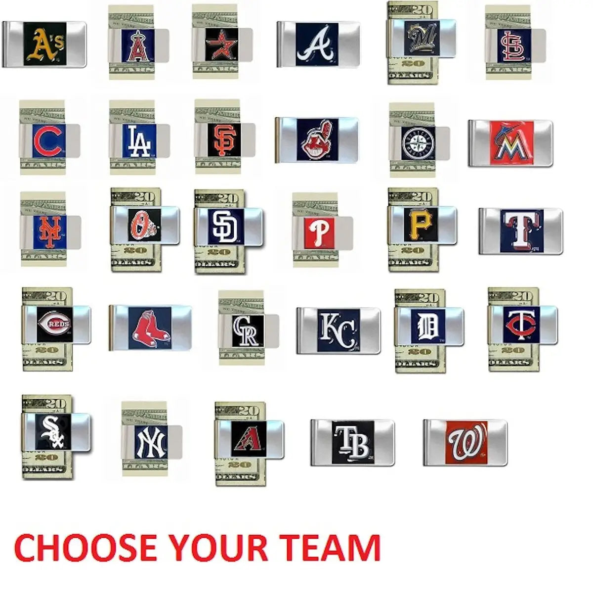 Official Licensed MLB hand painted money clips featuring team logos as belt buckles