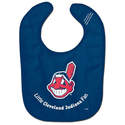 Blue baby bib featuring Cleveland Indians logo for MLB fans and baseball card collectors