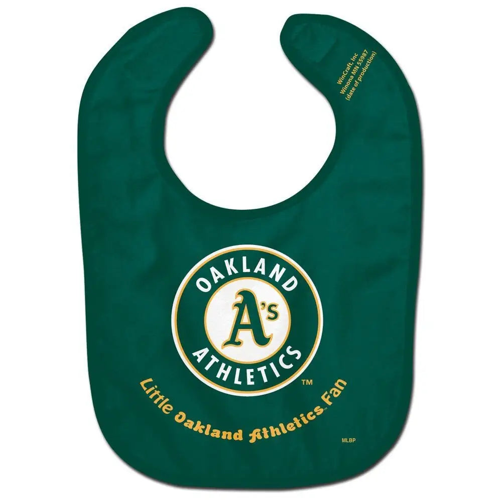 Green baby bib featuring Oakland Athletics logo, perfect for young baseball fans